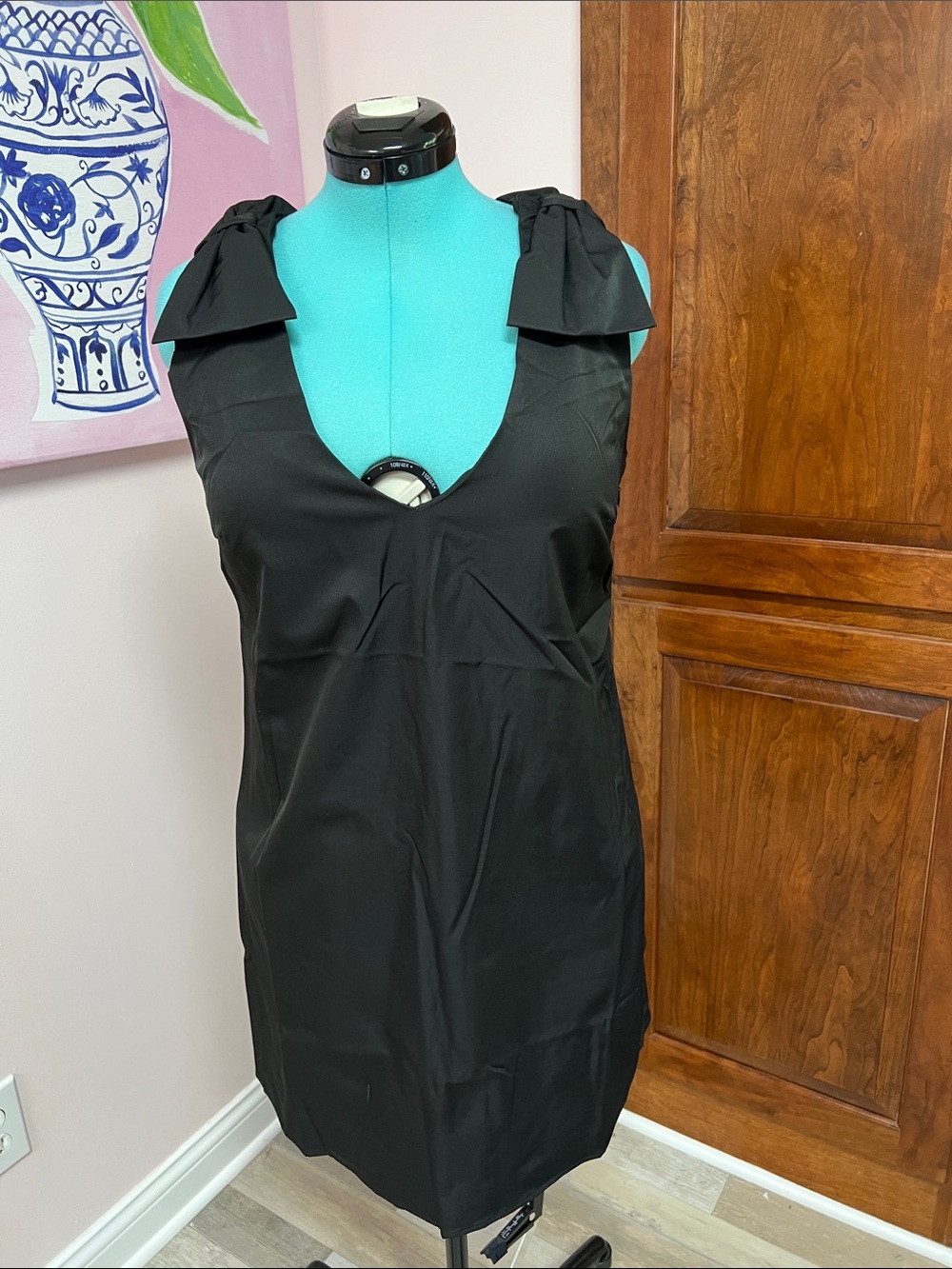 Aqua Black Sleeveless V-Neck Dress with Shoulder Bow Accents